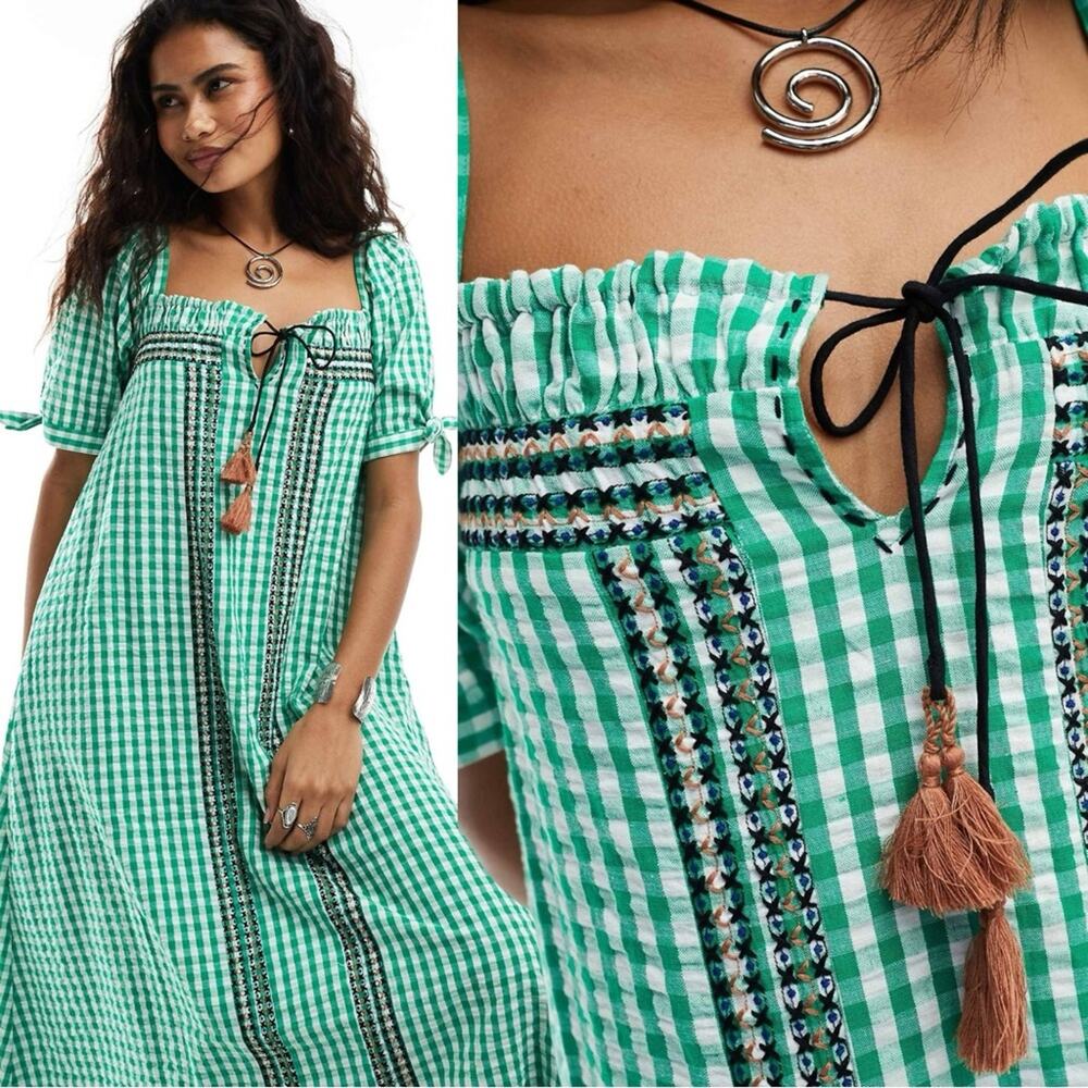 Free People Bohemian Embroidered Gingham Seersucker Cass Maxi Dress Green Small - Picture 12 of 16
